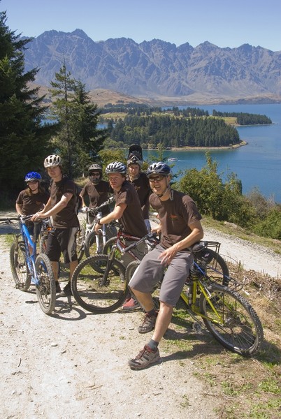 Ziptrek staff leaving work for the day.  From left - Nicky Busst, Pete Weir, Haley Robertson, Toby Lord, Maddoc Hill, Trent Yeo